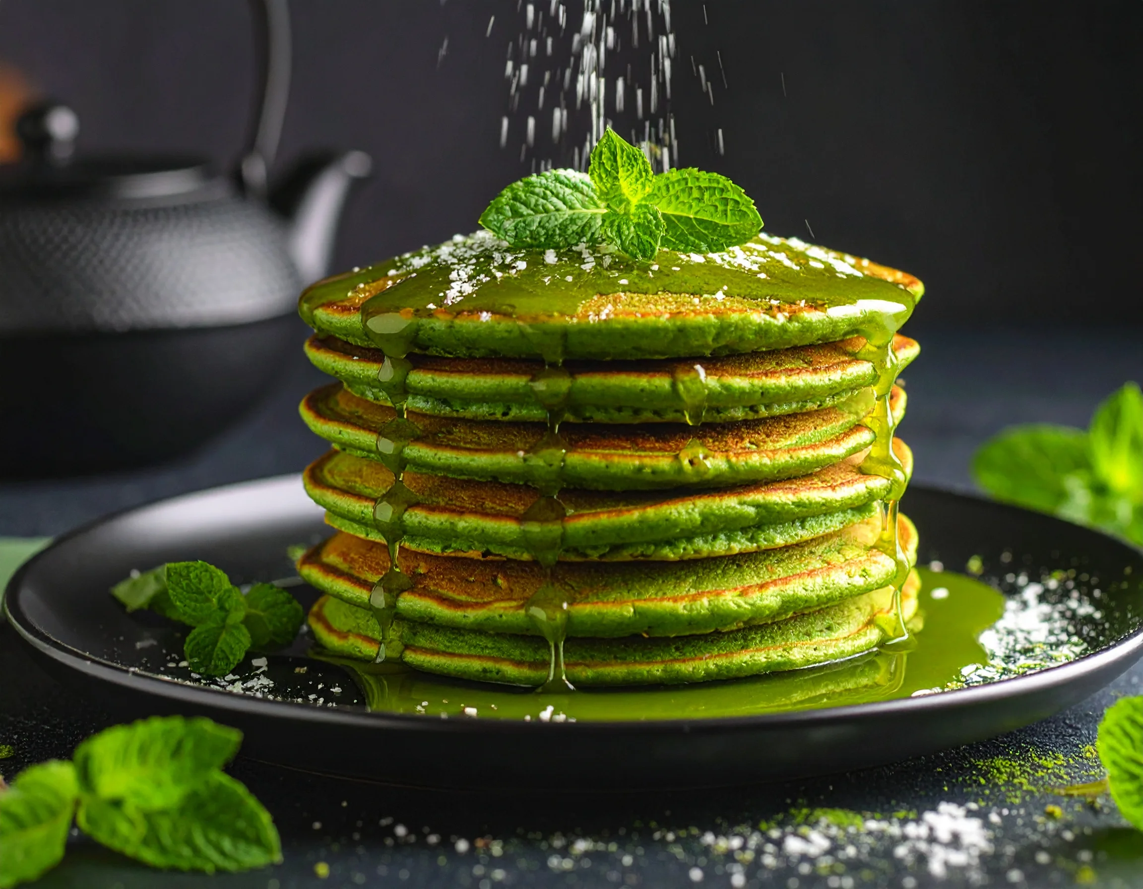 Stack of fluffy matcha pancakes topped with fresh mint leaves and a dusting of green tea powder, served on a white plate.