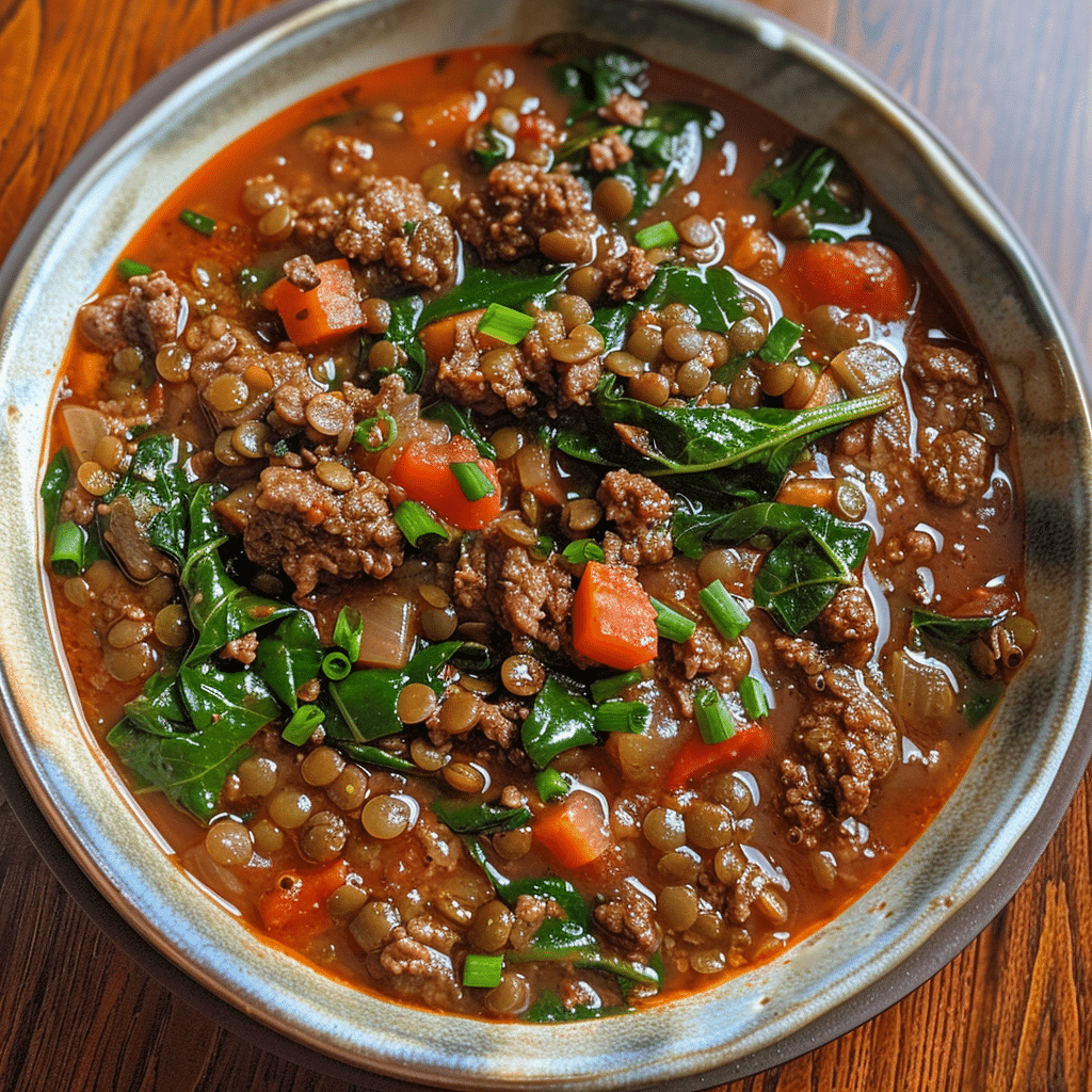 Iron rich recipes : close-up of beef and lentil stew with spinach in a rustic bowl