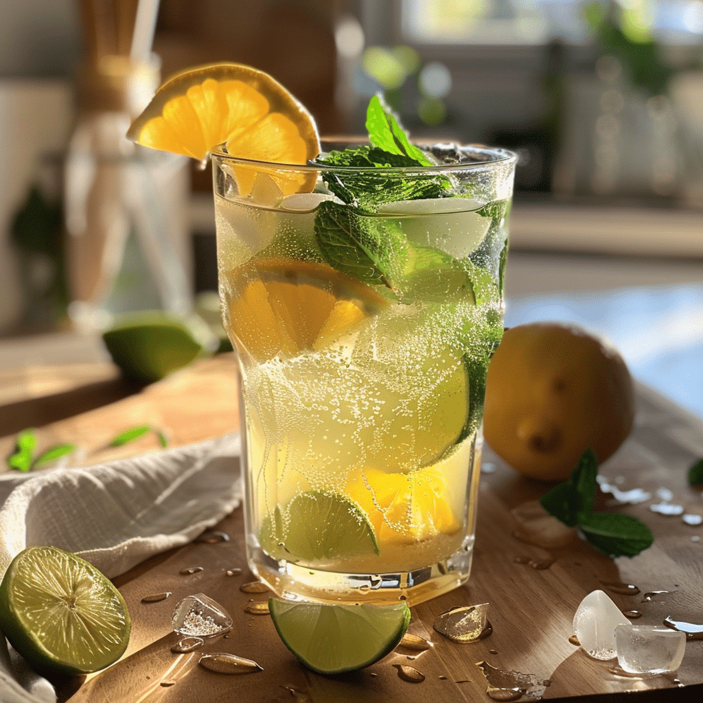 Love Mist Twist Drink? You Have To Try This Crisp Homemade Version 2 Close-up of homemade mist twist drink with lemon slices, lime, mint, and ice in a sunlit kitchen