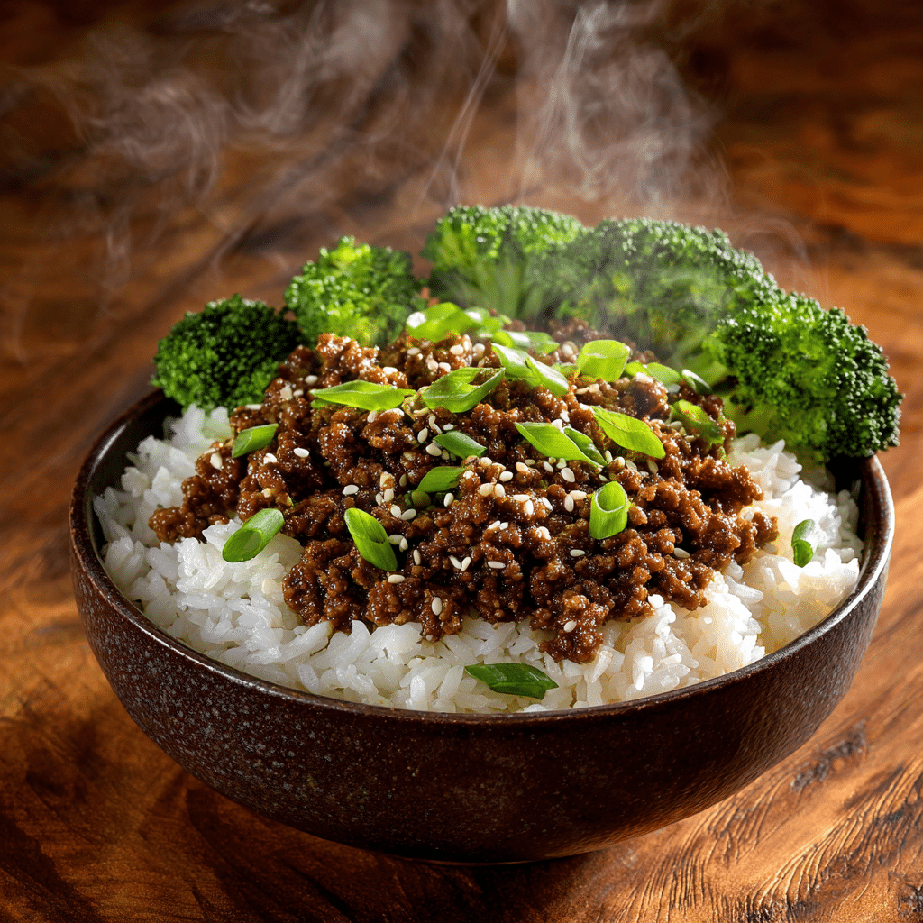 Ground Beef and Rice Recipes: Iron-Rich & Easy Meals You’ll Love 2 Ground beef and rice recipe served in a ceramic bowl with steamed broccoli and green onions