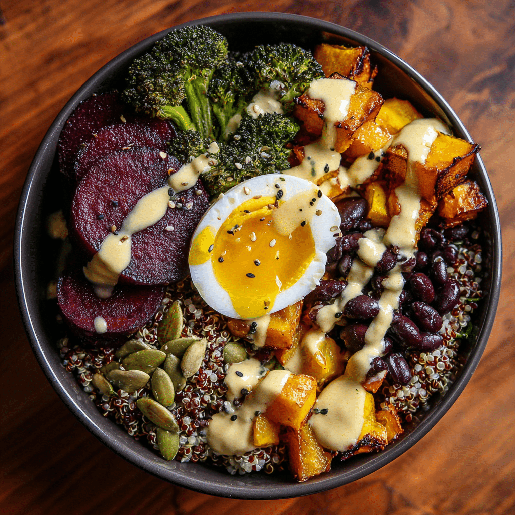 iron-rich quinoa breakfast bowl with roasted vegetables and tahini