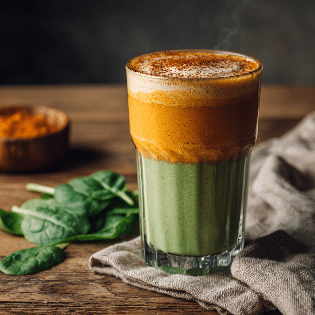 Vibrant Pumpkin-Spinach Iron Latte Smoothie 2 Side view of a Pumpkin-Spinach Iron Latte Smoothie in a tall glass with pumpkin spice on top and spinach leaves nearby on a wooden table.