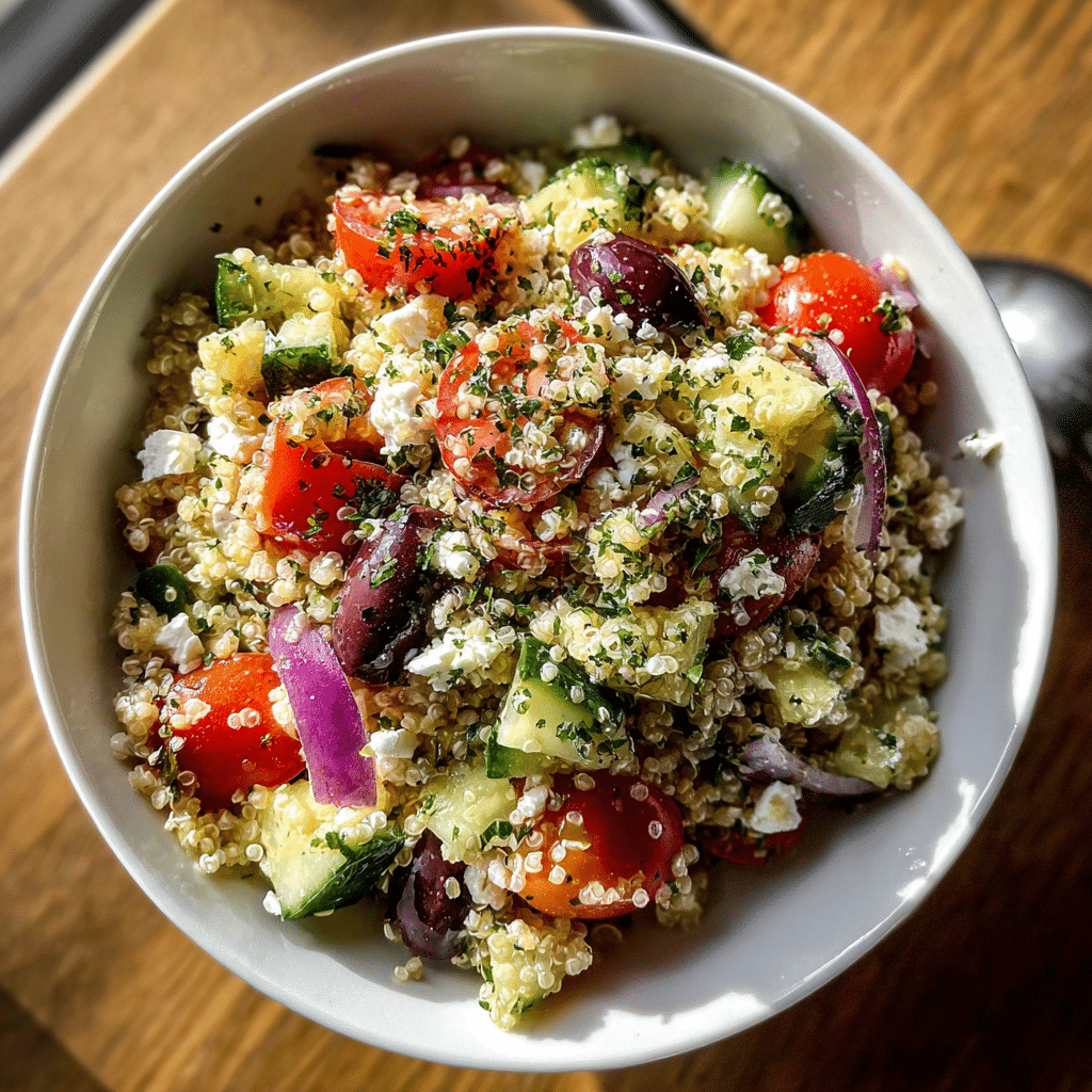 Vibrant Greek Quinoa Salad: Quick & Easy Recipe 2 Mouthwatering Greek quinoa salad with colorful vegetables and feta in a white bowl, drizzled with olive oil and herbs, served fresh.